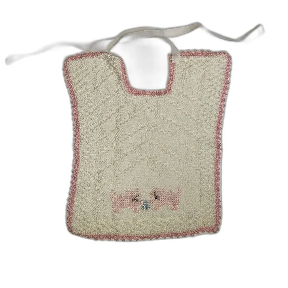 VINTAGE Handmade Crochet Knitted Pink Kittens Baby Bib